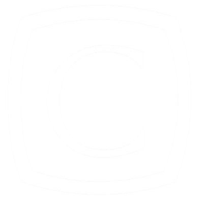 A white letter C is in a white square with a white border, all set against a green background.